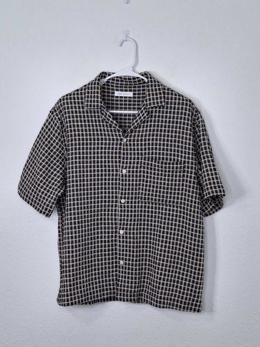 Zara Mens Shirt Checkered Sz XL Button Down Preppy Neutral Minimalist Workwear